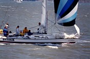 Racing in San Francisco Bay, Byron Robert Mayo in Blue on Stern
